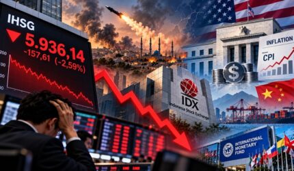 Ilustrasi penurunan IHSG sebesar 2,59% ke level 5.936,14 akibat tekanan sentimen geopolitik Timur Tengah dan kekhawatiran inflasi Amerika Serikat yang memicu aksi jual di pasar saham Indonesia. (Visual AI)