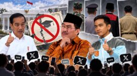 Ilustrasi Jokowi, Gibran, dan Jimly Asshiddiqie terkait usulan penghapusan syarat ijazah bagi capres dan cawapres yang memicu perdebatan warganet. (Visual AI)