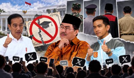 Ilustrasi Jokowi, Gibran, dan Jimly Asshiddiqie terkait usulan penghapusan syarat ijazah bagi capres dan cawapres yang memicu perdebatan warganet. (Visual AI)