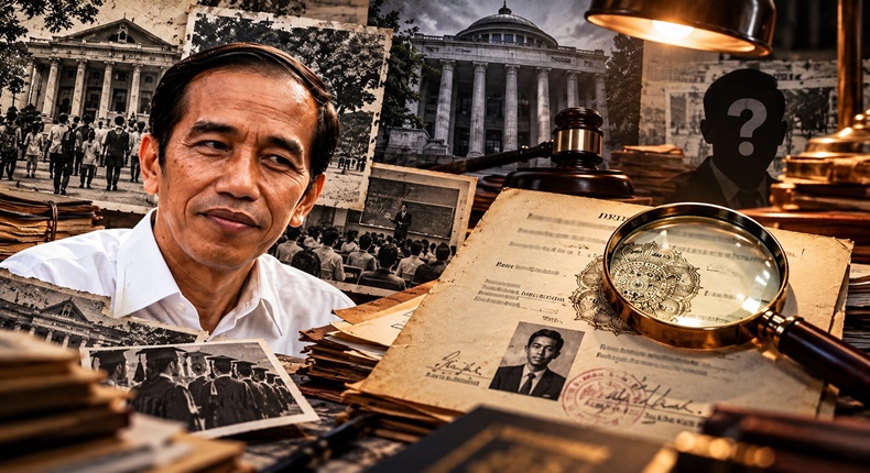 Ilustrasi investigatif yang menampilkan Jokowi di tengah dokumen pendidikan, arsip lama, dan simbol penelusuran fakta. Polemik mengenai ijazah Jokowi kembali menjadi sorotan (Visual AI)
