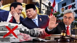 Luhut Binsar Pandjaitan tampak berbincang dengan Presiden Prabowo Subianto, sementara Ketua KPK Setyo Budiyanto menegaskan penolakannya terhadap usulan penghapusan unsur kerugian negara dalam penanganan tindak pidana korupsi. (Ilustrasi AI)