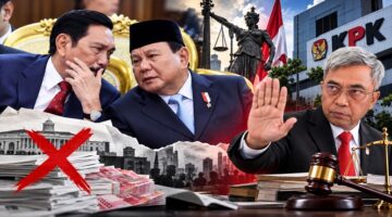 Luhut Binsar Pandjaitan tampak berbincang dengan Presiden Prabowo Subianto, sementara Ketua KPK Setyo Budiyanto menegaskan penolakannya terhadap usulan penghapusan unsur kerugian negara dalam penanganan tindak pidana korupsi. (Ilustrasi AI)