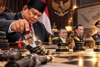 Presiden Prabowo Subianto mengatur bidak catur yang melambangkan pergeseran sejumlah pejabat dalam reshuffle Kabinet Merah Putih, termasuk Pratikno, Bahlil Lahadalia, Listyo Sigit Prabowo, dan Suyudi Ario Seto. (Visual AI)