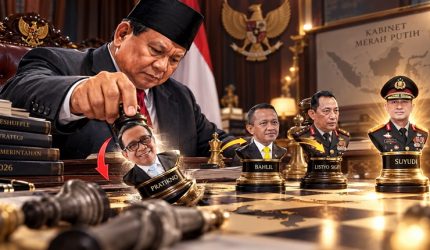 Presiden Prabowo Subianto mengatur bidak catur yang melambangkan pergeseran sejumlah pejabat dalam reshuffle Kabinet Merah Putih, termasuk Pratikno, Bahlil Lahadalia, Listyo Sigit Prabowo, dan Suyudi Ario Seto. (Visual AI)