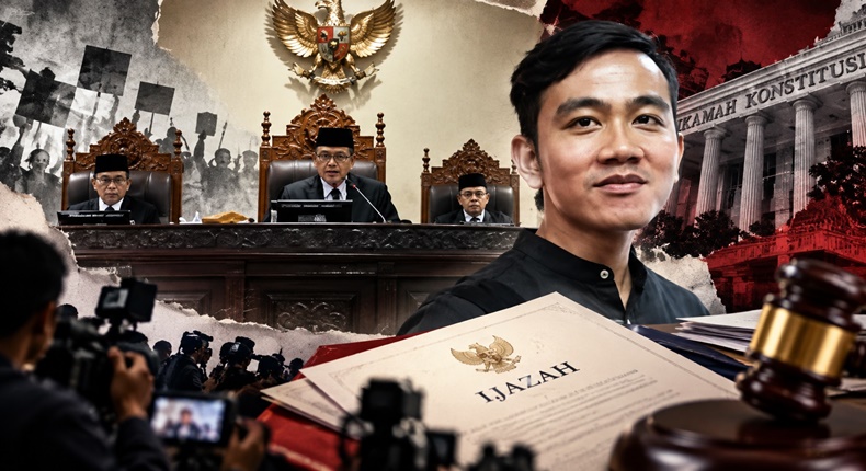 Ilustrasi persidangan Mahkamah Konstitusi dan Gibran Rakabuming Raka terkait polemik perkara ijazah yang berujung pada aduan terhadap sembilan hakim MK ke MKMK. (Visual AI)