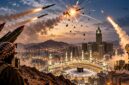 Ilustrasi dramatis pencegatan rudal balistik di wilayah Arab Saudi, dengan latar Masjidil Haram di Makkah, menggambarkan meningkatnya eskalasi konflik dan kewaspadaan pertahanan udara terhadap ancaman serangan. (Visual AI)