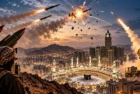 Ilustrasi dramatis pencegatan rudal balistik di wilayah Arab Saudi, dengan latar Masjidil Haram di Makkah, menggambarkan meningkatnya eskalasi konflik dan kewaspadaan pertahanan udara terhadap ancaman serangan. (Visual AI)