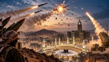 Ilustrasi dramatis pencegatan rudal balistik di wilayah Arab Saudi, dengan latar Masjidil Haram di Makkah, menggambarkan meningkatnya eskalasi konflik dan kewaspadaan pertahanan udara terhadap ancaman serangan. (Visual AI)