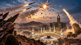 Ilustrasi dramatis pencegatan rudal balistik di wilayah Arab Saudi, dengan latar Masjidil Haram di Makkah, menggambarkan meningkatnya eskalasi konflik dan kewaspadaan pertahanan udara terhadap ancaman serangan. (Visual AI)