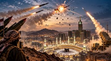 Ilustrasi dramatis pencegatan rudal balistik di wilayah Arab Saudi, dengan latar Masjidil Haram di Makkah, menggambarkan meningkatnya eskalasi konflik dan kewaspadaan pertahanan udara terhadap ancaman serangan. (Visual AI)