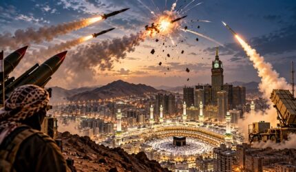 Ilustrasi dramatis pencegatan rudal balistik di wilayah Arab Saudi, dengan latar Masjidil Haram di Makkah, menggambarkan meningkatnya eskalasi konflik dan kewaspadaan pertahanan udara terhadap ancaman serangan. (Visual AI)