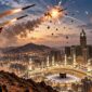 Ilustrasi dramatis pencegatan rudal balistik di wilayah Arab Saudi, dengan latar Masjidil Haram di Makkah, menggambarkan meningkatnya eskalasi konflik dan kewaspadaan pertahanan udara terhadap ancaman serangan. (Visual AI)
