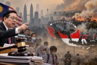 Ilustrasi kabut asap karhutla Indonesia yang memicu ancaman gugatan kompensasi dari Malaysia. (Visual AI)