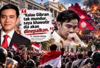 Ilustrasi demonstrasi dan gejolak politik terkait polemik legitimasi kepemimpinan Wakil Presiden Gibran Rakabuming Raka. Analis Politik dan Militer Universitas Nasional, Dr. Selamat Ginting, memperingatkan potensi gerakan people power yang ia ibaratkan sebagai “di-Nepal-kan” apabila Gibran tidak mengundurkan diri. (Ilustrasi AI)