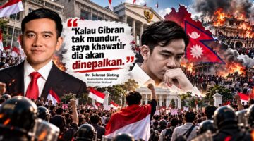 Ilustrasi demonstrasi dan gejolak politik terkait polemik legitimasi kepemimpinan Wakil Presiden Gibran Rakabuming Raka. Analis Politik dan Militer Universitas Nasional, Dr. Selamat Ginting, memperingatkan potensi gerakan people power yang ia ibaratkan sebagai “di-Nepal-kan” apabila Gibran tidak mengundurkan diri. (Ilustrasi AI)