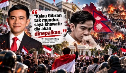 Ilustrasi demonstrasi dan gejolak politik terkait polemik legitimasi kepemimpinan Wakil Presiden Gibran Rakabuming Raka. Analis Politik dan Militer Universitas Nasional, Dr. Selamat Ginting, memperingatkan potensi gerakan people power yang ia ibaratkan sebagai “di-Nepal-kan” apabila Gibran tidak mengundurkan diri. (Ilustrasi AI)