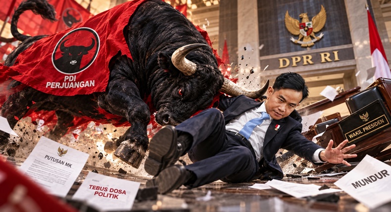 Ilustrasi politik yang menggambarkan banteng sebagai simbol PDIP menanduk Wakil Presiden Gibran Rakabuming Raka di Gedung DPR RI. (Visual AI)