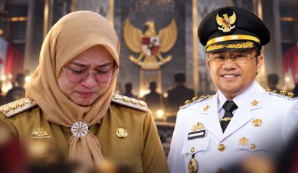 Sitti Husniah Talenrang dan Darmawangsyah Muin menyusul terbitnya SK Kemendagri terkait pemberhentian Bupati Gowa dan penunjukan Darmawangsyah Muin sebagai Plt Bupati Gowa (Visual AI)