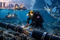 Ilustrasi kabel internet bawah laut di tengah memanasnya hubungan Indonesia–Singapura terkait kebijakan ekspor gas. (Visual AI).