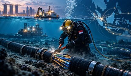 Ilustrasi kabel internet bawah laut di tengah memanasnya hubungan Indonesia–Singapura terkait kebijakan ekspor gas. (Visual AI).