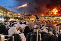 Suasana bandara di tengah eskalasi konflik di Timur Tengah. Sebanyak 53 calon jemaah umrah asal Makassar dilaporkan tertunda keberangkatannya akibat pembatalan penerbangan lanjutan menuju Madinah. (Visual AI)