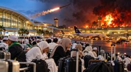 Suasana bandara di tengah eskalasi konflik di Timur Tengah. Sebanyak 53 calon jemaah umrah asal Makassar dilaporkan tertunda keberangkatannya akibat pembatalan penerbangan lanjutan menuju Madinah. (Visual AI)