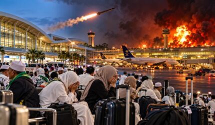 Suasana bandara di tengah eskalasi konflik di Timur Tengah. Sebanyak 53 calon jemaah umrah asal Makassar dilaporkan tertunda keberangkatannya akibat pembatalan penerbangan lanjutan menuju Madinah. (Visual AI)