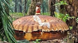 Benda logam berukuran besar menyerupai cangkang atau kubah ditemukan di perkebunan kelapa sawit PT Agro Bukit, Kilometer 26, Kabupaten Kotawaringin Timur (Kotim), Kalimantan Tengah. Asal-usul dan identitas benda tersebut belum diketahui secara resmi.